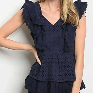 Sleeveless ruffled eyelet navy blouse